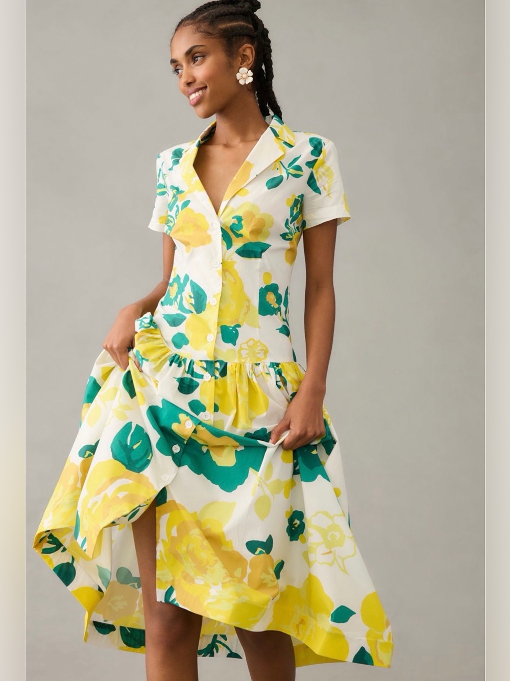 Tracy Reese Yellow & Green Floral High-Low Midi Dress
